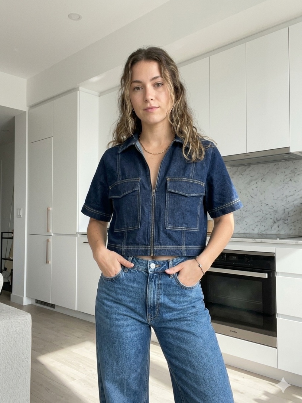Zara Dark Blue Denim Short-Sleeve Zip Jacket